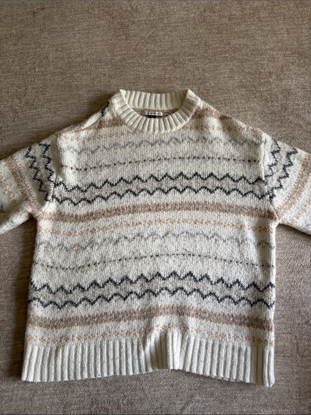 American Eagle Outfitters Cream Knit Sweater with Tan and Gray Pattern